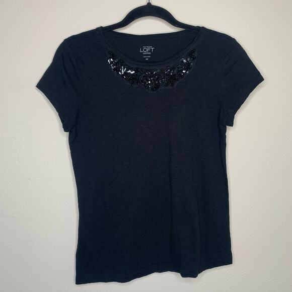 LOFT Black T Shirt Embellished Sequin Bead Front Detail Sz Medium Petite - Picture 5 of 8